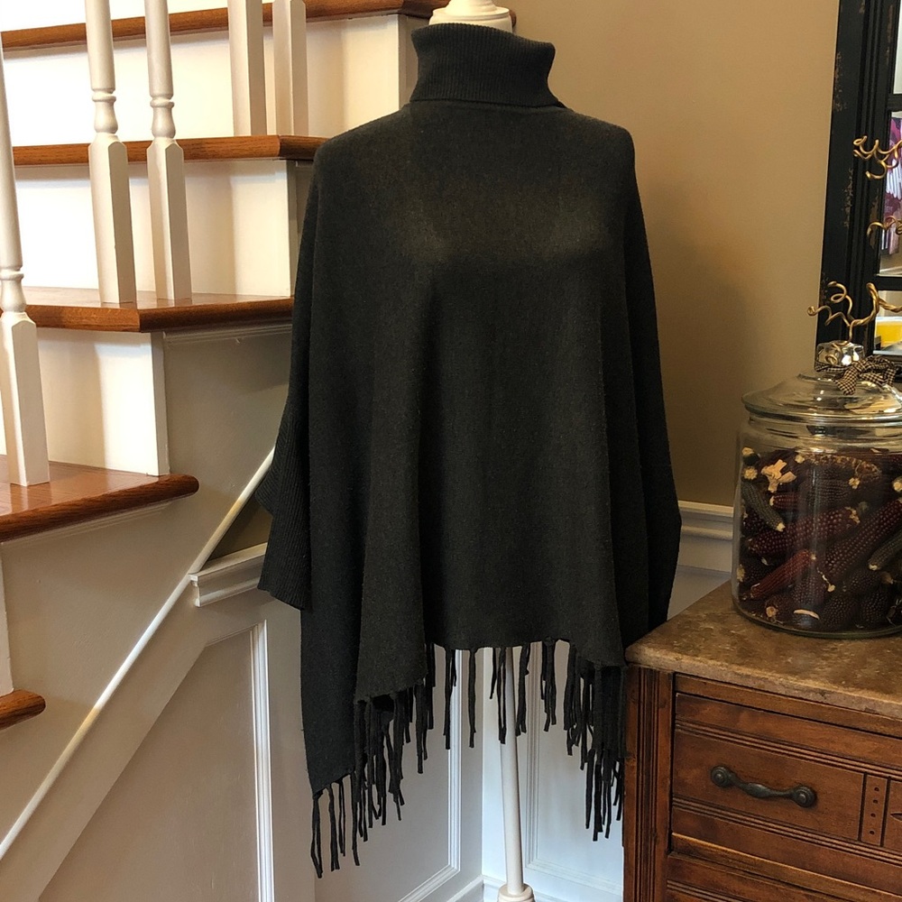 Joan Vass Dark Grey Turtleneck Fringe Poncho
